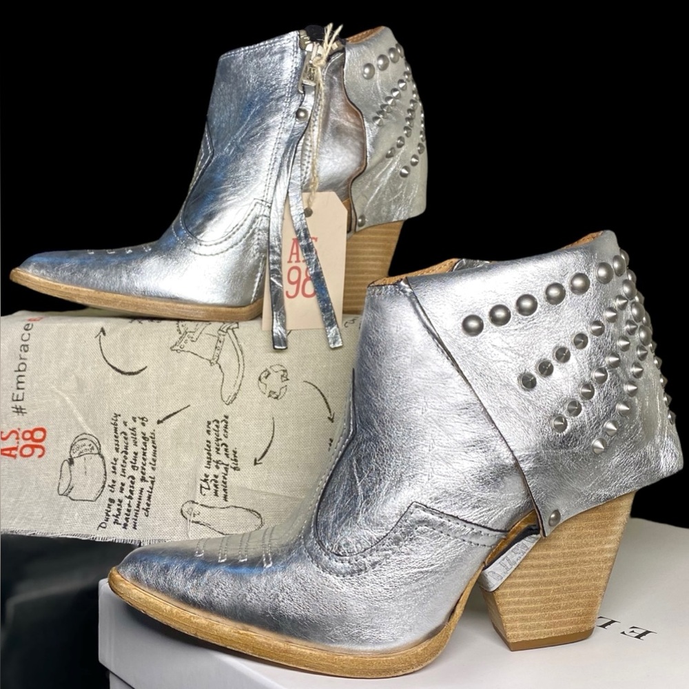 A.S.98 Metallic Silver BRODERICK Women’s Leather Booties • Size 7 • New in Box